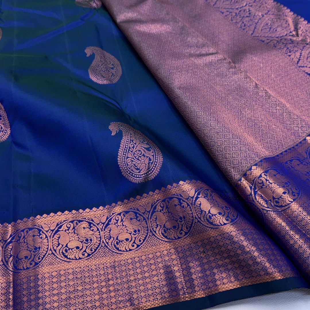 Blue Kanjivaram Saree with Rose Gold Zari Motifs
