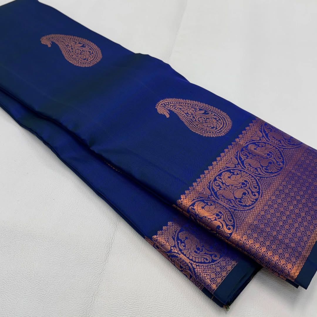 Blue Kanjivaram Saree with Rose Gold Zari Motifs