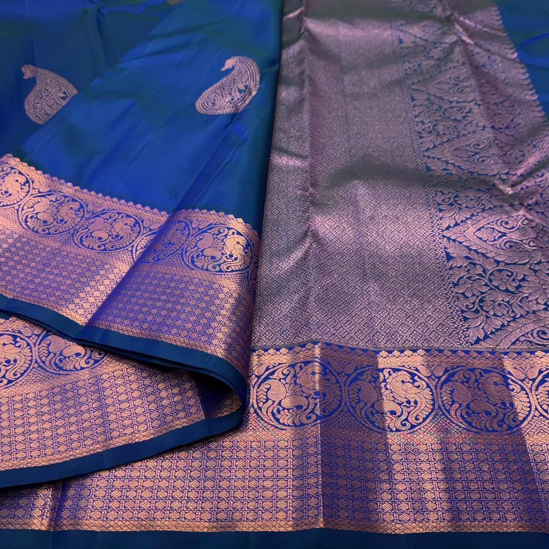 Blue Kanjivaram Saree with Rose Gold Zari Motifs
