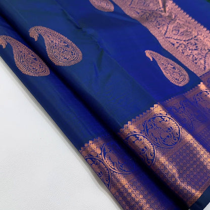 Blue Kanjivaram Saree with Rose Gold Zari Motifs