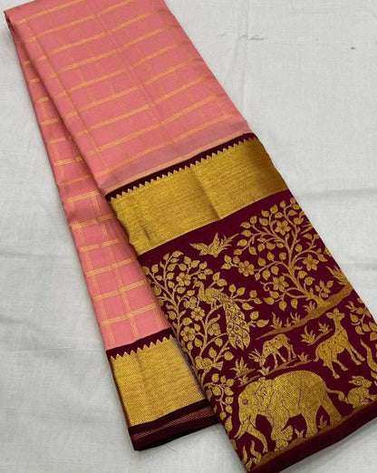 Blush Pink Saree with Maroon Zari Jungle Pallu