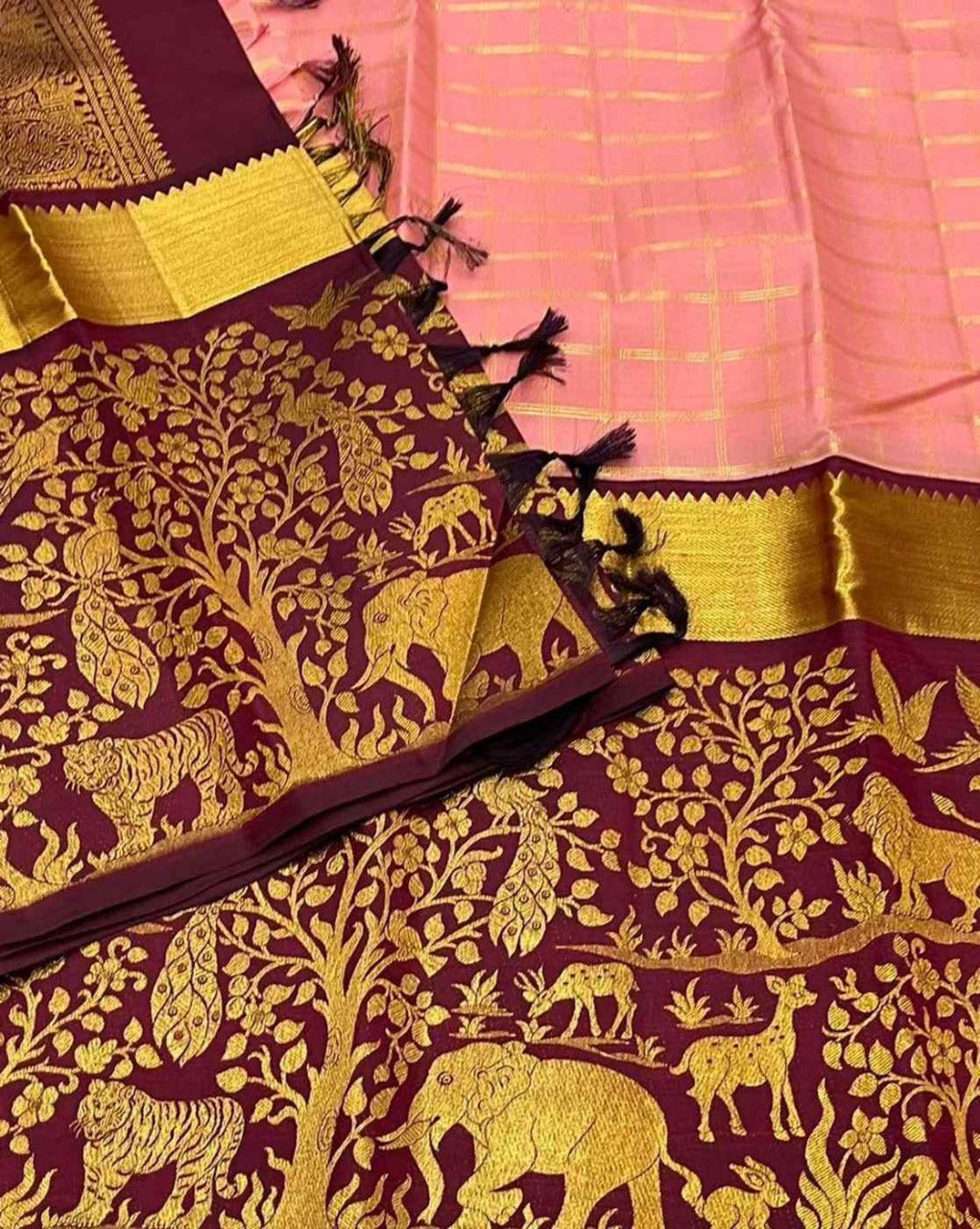 Blush Pink Saree with Maroon Zari Jungle Pallu