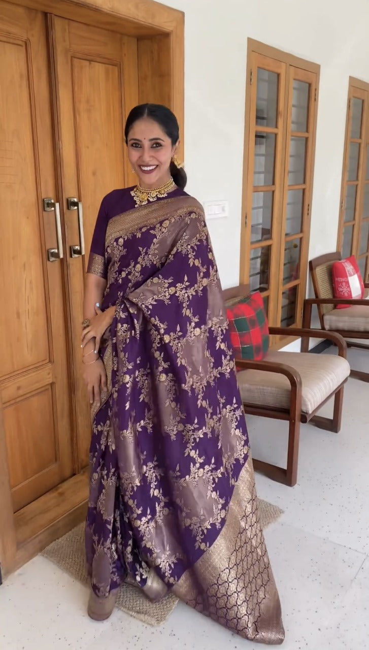 Meghavi - Purple Silk Saree with Gold Floral Zari Weaving and Contrast Border