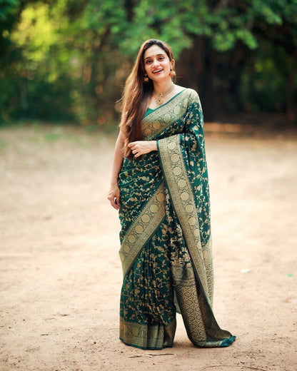 Vasundhara - Green Silk Saree with Gold Zari Floral Work and Ornate Border