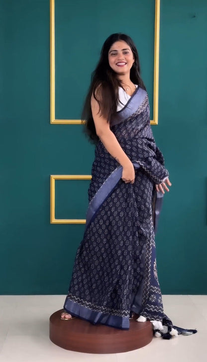 Indigo Charm Cotton Saree – Light, Subtle, Everyday Style