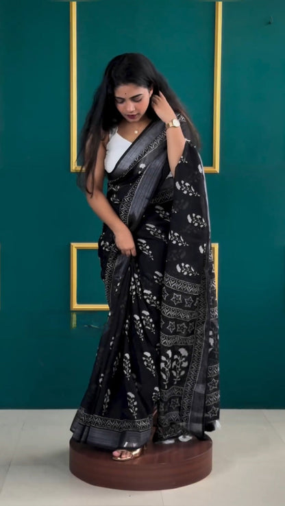 Noir Grace Black Cotton Saree – Subtle, Strong, Statement