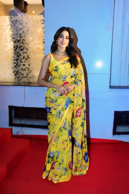 Sunlit Bloom Yellow Georgette Saree – Fresh, Flowing, Floral
