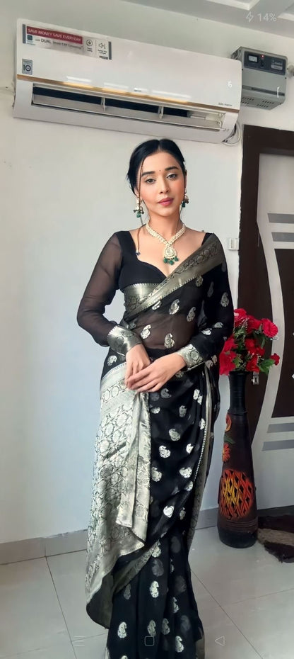 Black Sheer Organza Saree with Silver Zari Paisley Weave
