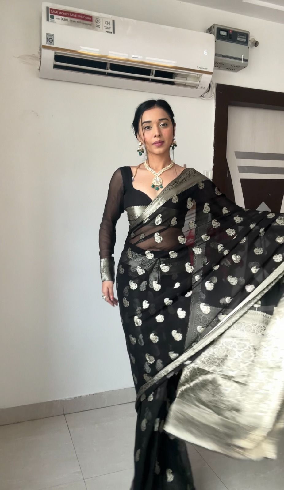 Black Sheer Organza Saree with Silver Zari Paisley Weave