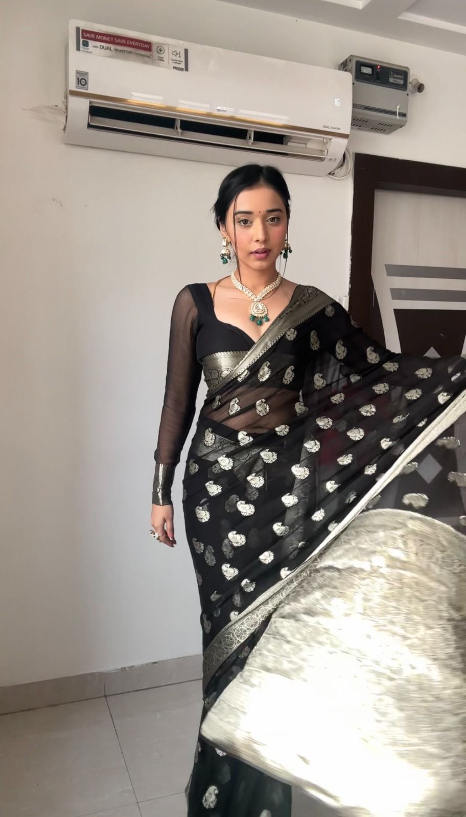Black Sheer Organza Saree with Silver Zari Paisley Weave