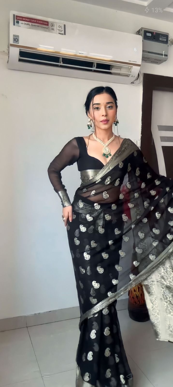Black Sheer Organza Saree with Silver Zari Paisley Weave