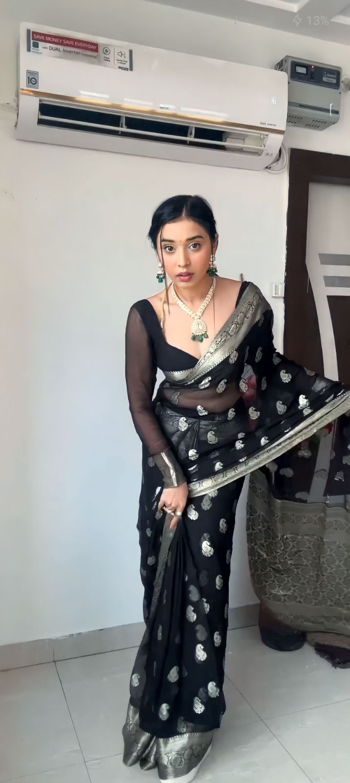 Black Sheer Organza Saree with Silver Zari Paisley Weave