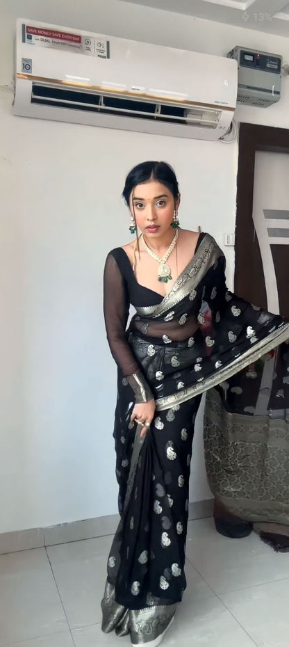 Black Sheer Organza Saree with Silver Zari Paisley Weave