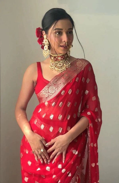 Scarlet Red Banarasi Saree with Zari Buttas and Floral Border