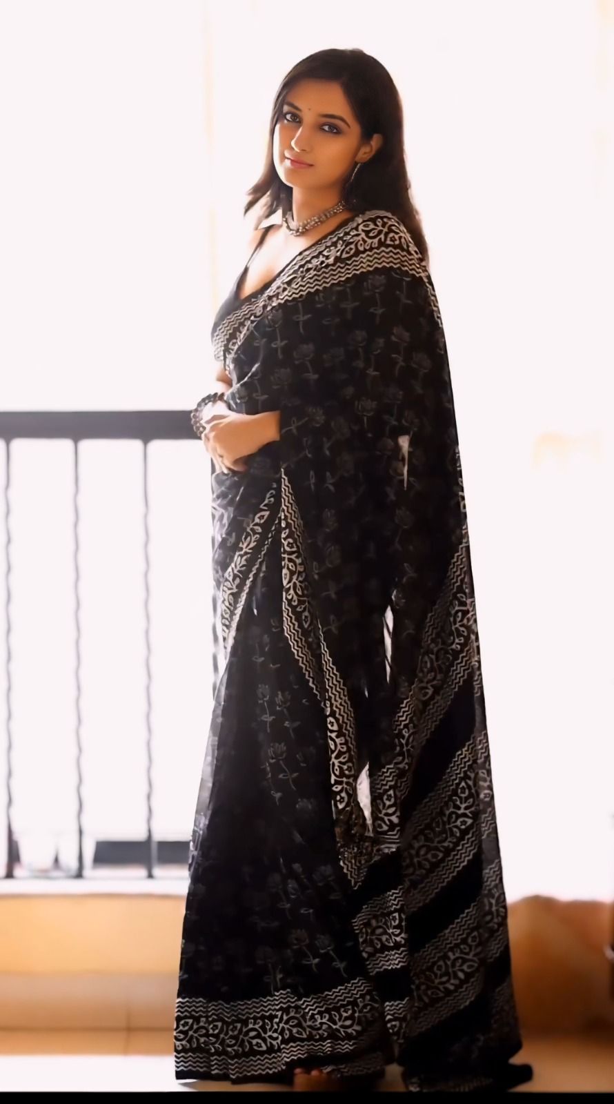 Midnight Noir Chikankari Cotton Saree with Thread Embroidery