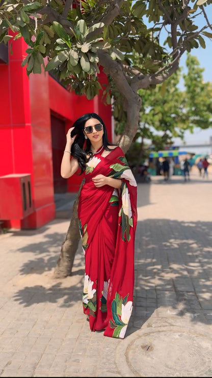 Ruby Bloom Georgette Saree with Bold Floral Print