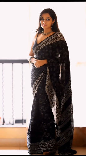 Midnight Noir Chikankari Cotton Saree with Thread Embroidery