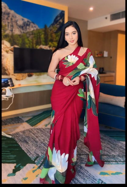 Ruby Bloom Georgette Saree with Bold Floral Print
