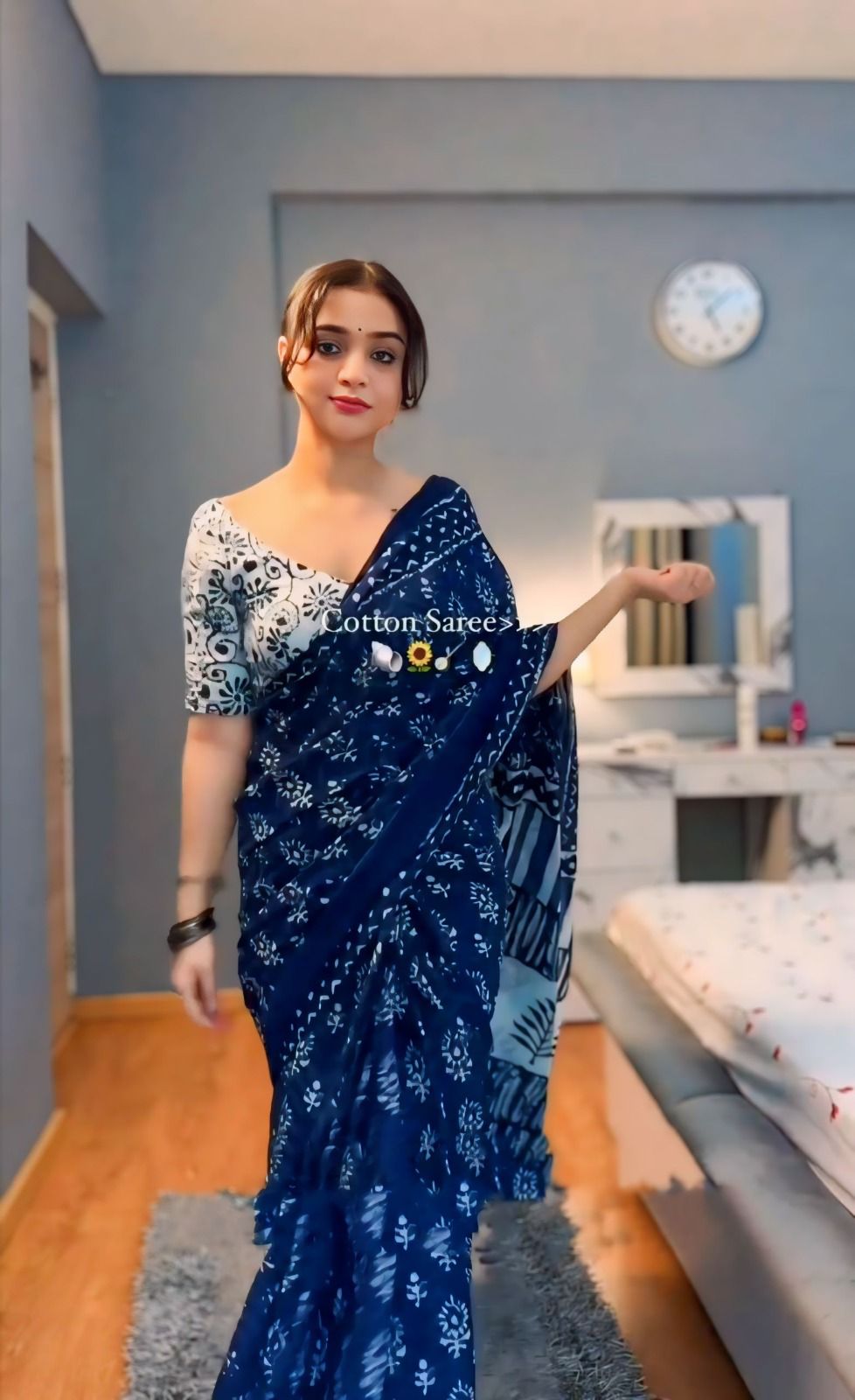 Midnight Bloom Pure Cotton Saree with Indigo Print