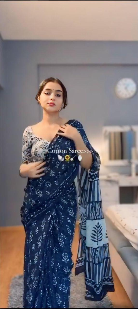 Midnight Bloom Pure Cotton Saree with Indigo Print