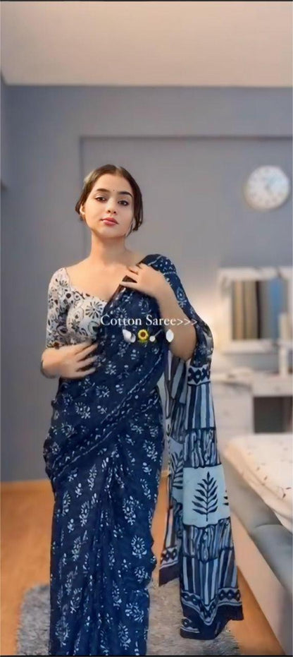 Midnight Bloom Pure Cotton Saree with Indigo Print