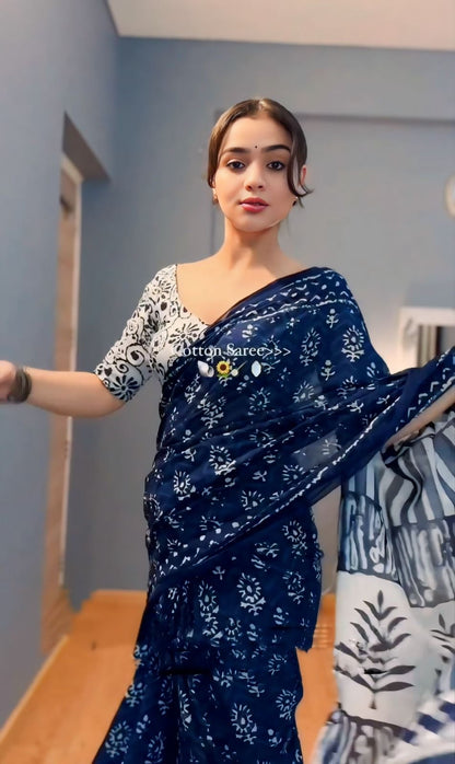 Midnight Bloom Pure Cotton Saree with Indigo Print