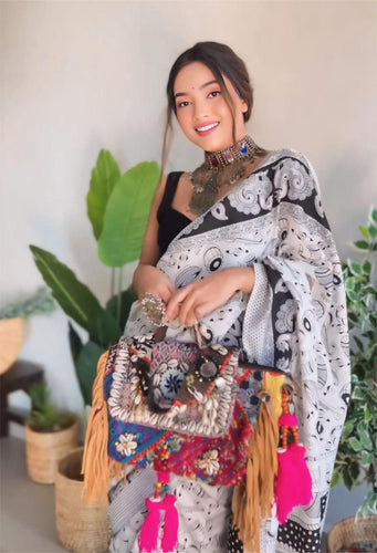 Tribal Sketch Cotton Saree in Black & White