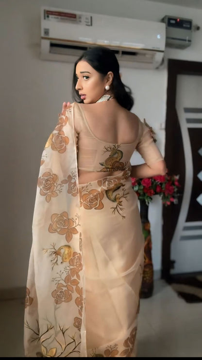 Nimara Beige Organza Saree with Hand-Painted Deer Motif