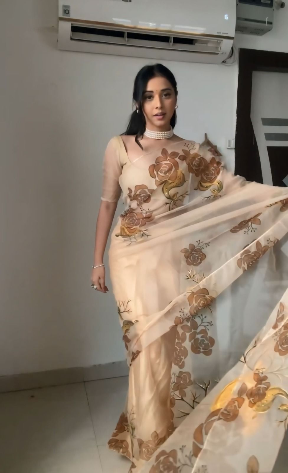 Nimara Beige Organza Saree with Hand-Painted Deer Motif