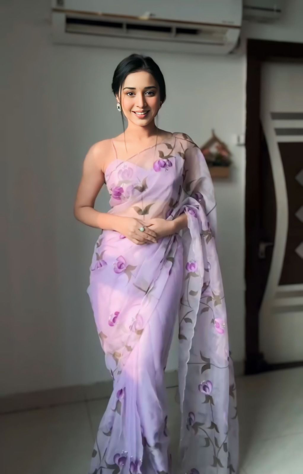 Veira Lilac Organza Saree with Embroidered Floral Touch