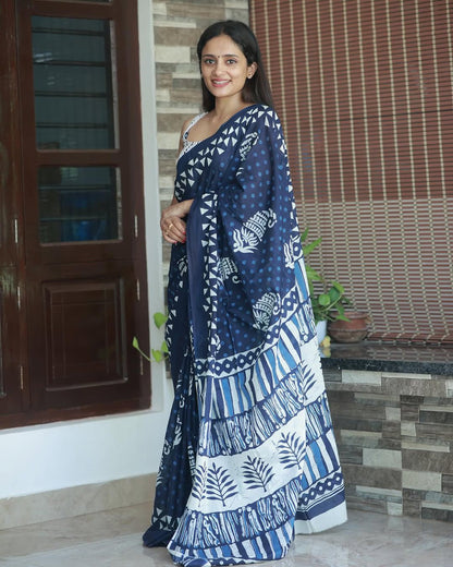 Navika Navy Cotton Saree with Elephant Block Prints