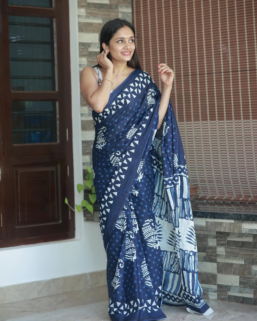 Navika Navy Cotton Saree with Elephant Block Prints