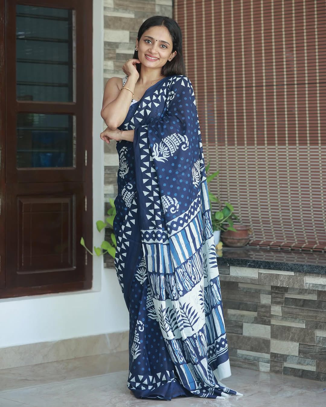 Navika Navy Cotton Saree with Elephant Block Prints