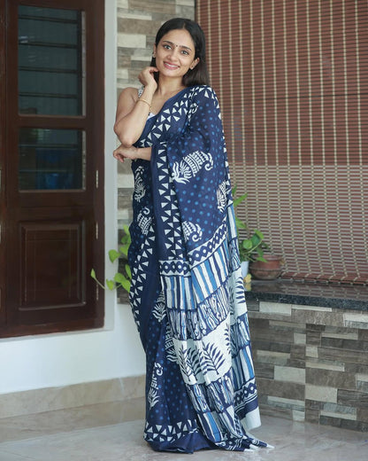 Navika Navy Cotton Saree with Elephant Block Prints