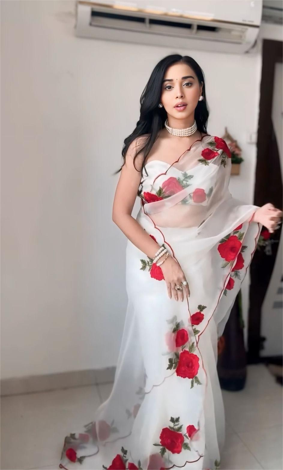 Liyara White Rose-Embroidered Organza Saree