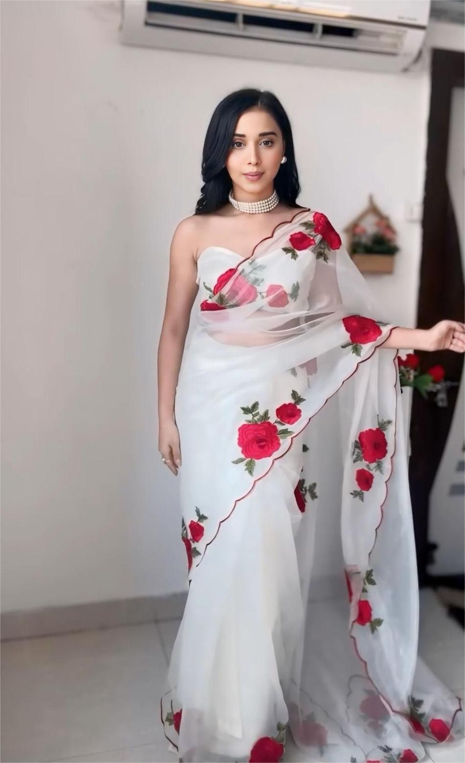 Liyara White Rose-Embroidered Organza Saree