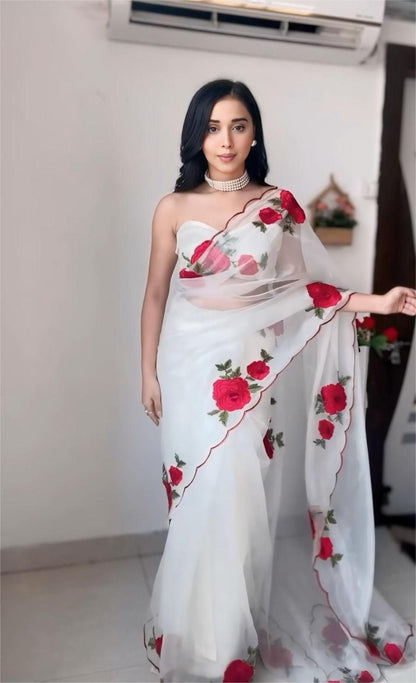 Liyara White Rose-Embroidered Organza Saree