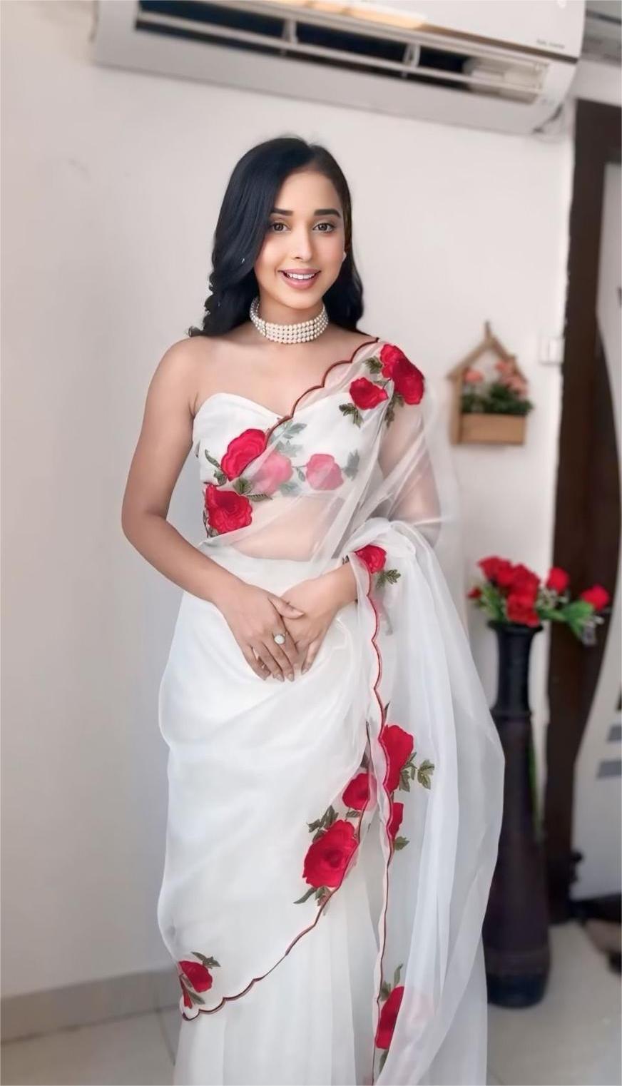 Liyara White Rose-Embroidered Organza Saree