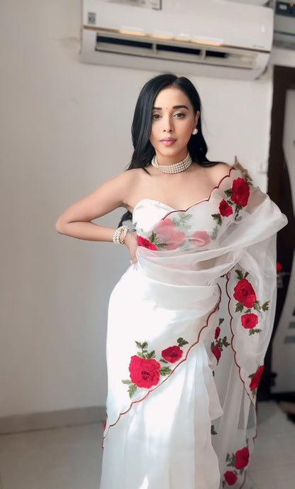 Liyara White Rose-Embroidered Organza Saree