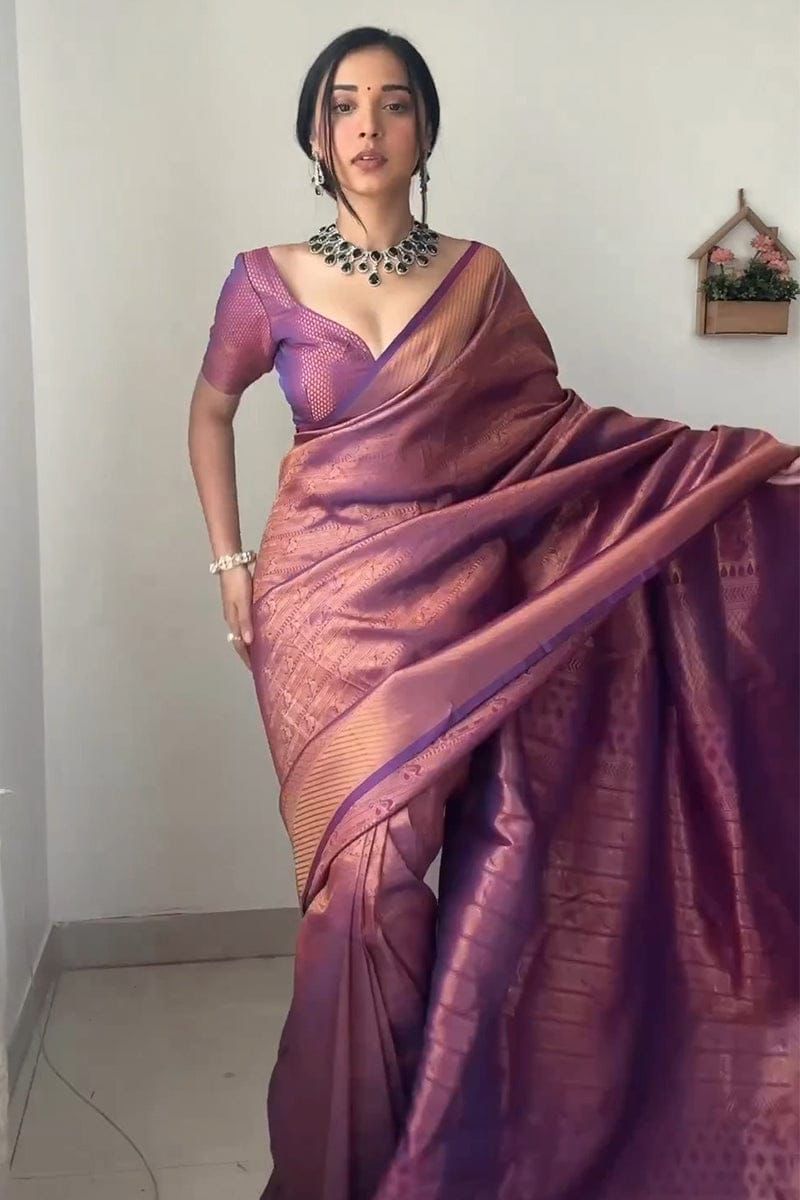 Elvani Violet Gold Banarasi Silk Saree