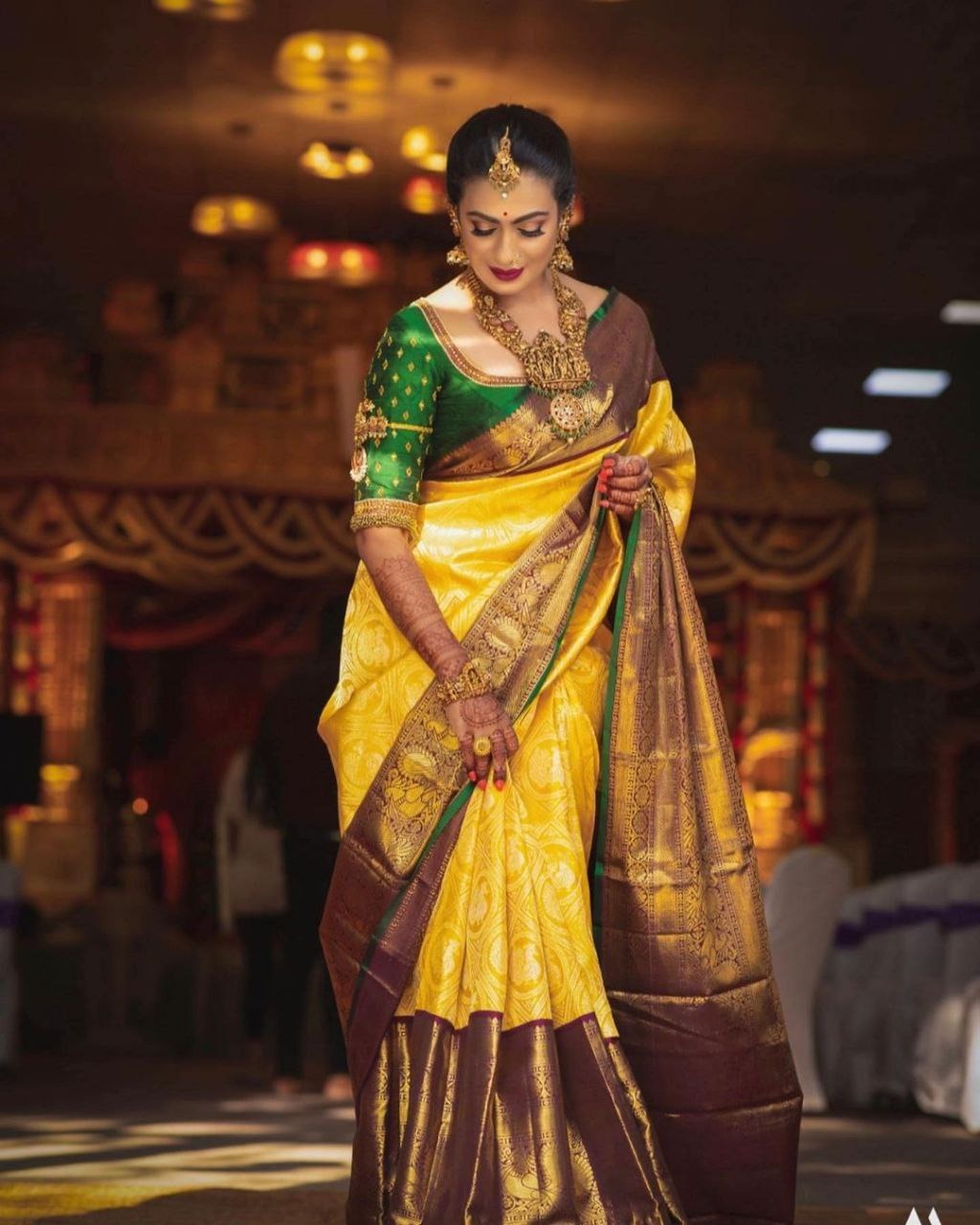 Yellow Bridal Kanchipuram Silk Saree with Brown Zari Pallu