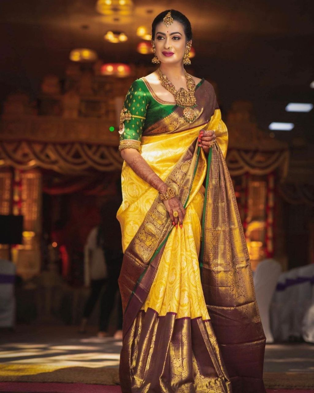 Yellow Bridal Kanchipuram Silk Saree with Brown Zari Pallu