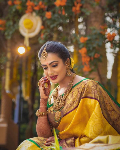 Yellow Bridal Kanchipuram Silk Saree with Brown Zari Pallu