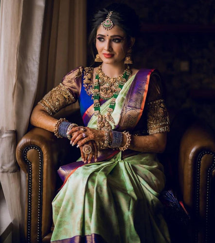 Pastel Green Kanchipuram Silk Saree with Royal Purple Zari Border