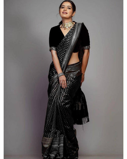 Black Banarasi Silk Saree with Silver Zari Motifs