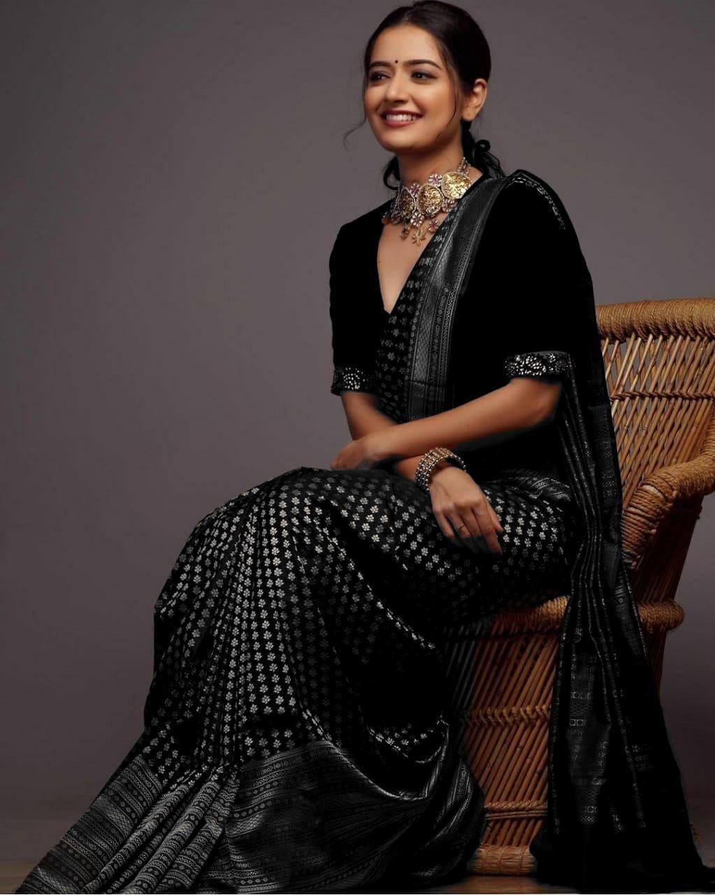 Black Banarasi Silk Saree with Silver Zari Motifs