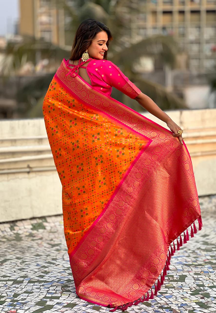 Turquoise Orange Banarasi Silk Saree – Festive Radiance in Every Drape