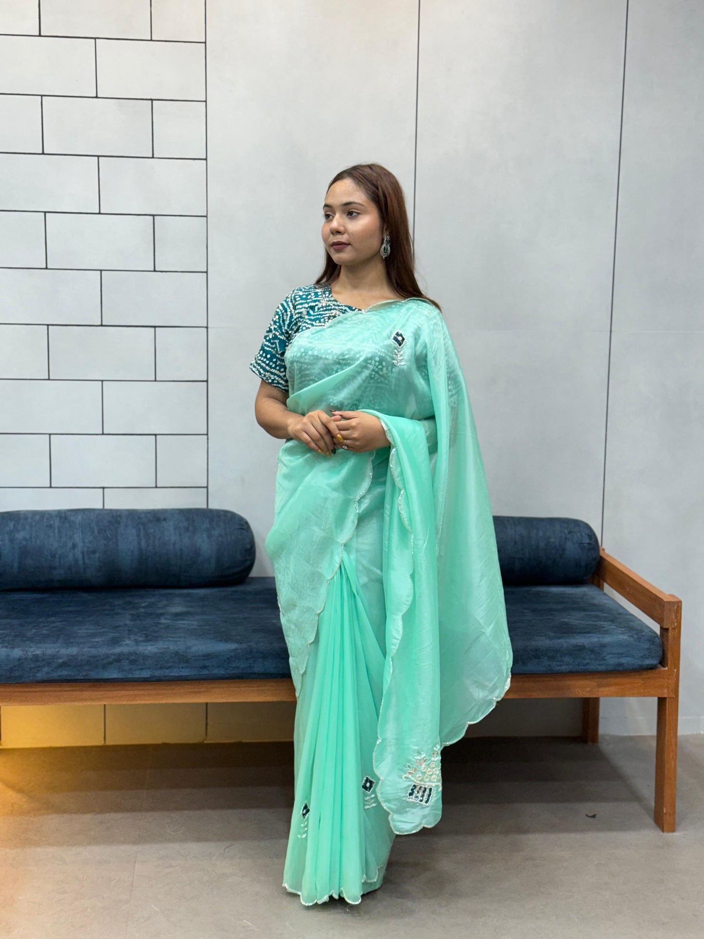 Suhani Sky Blue Chiffon Saree with Red Bandhej Blouse