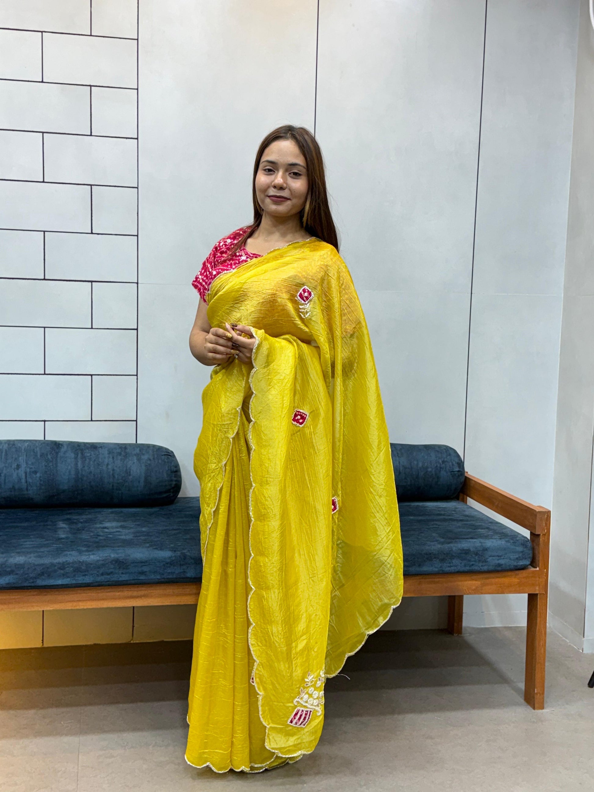 Suhani Yellow Chiffon Saree with Red Bandhej Blouse