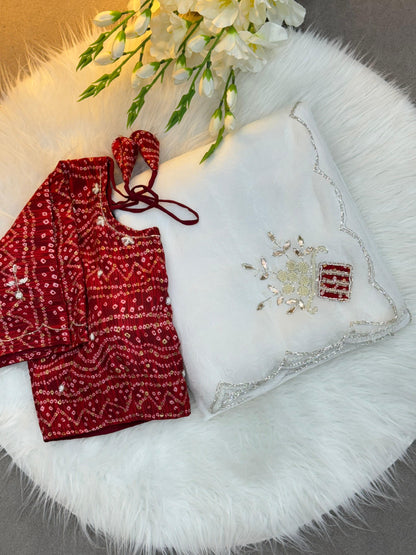 Suhani White Chiffon Saree with Red Bandhej Blouse